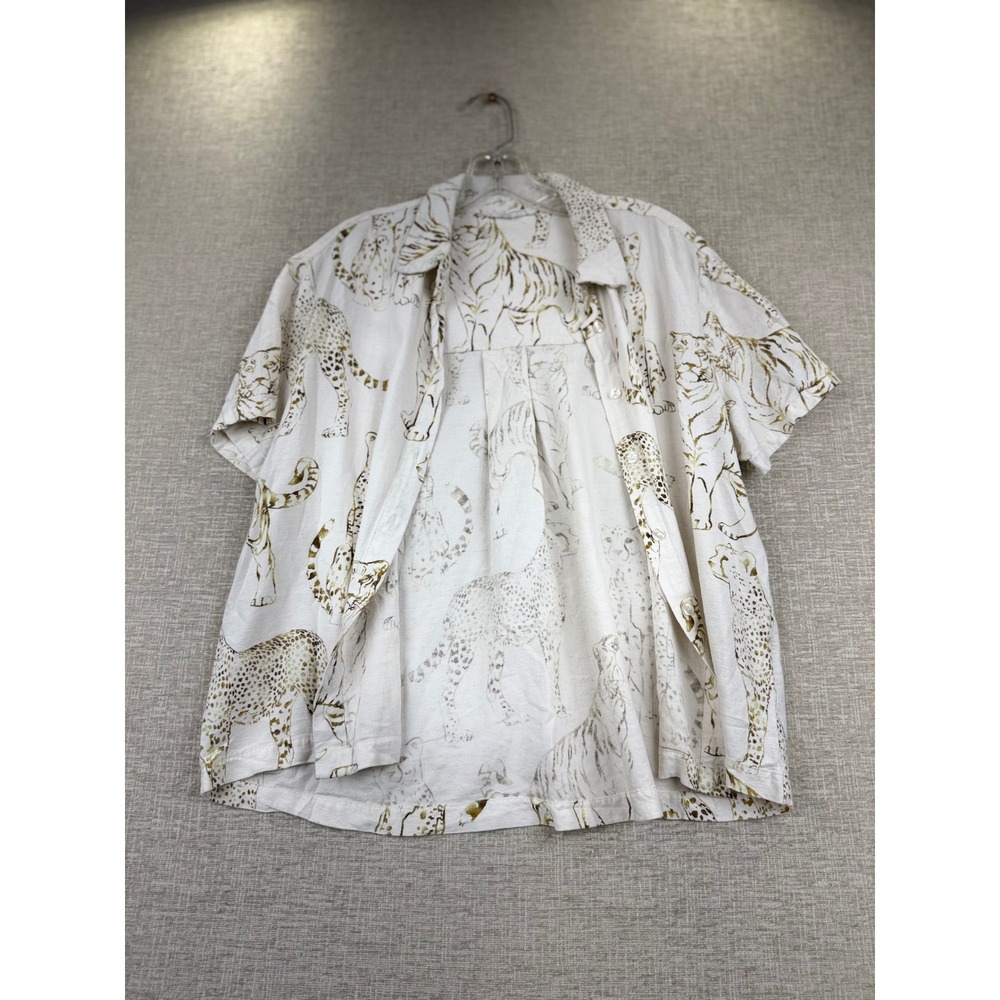 Jane + Delancey Womens Large White Safari Tiger Leopard Print Linen Blend Shirt